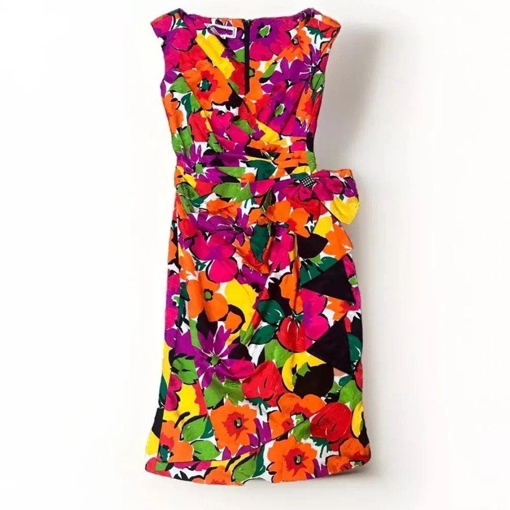Vintage 80s/90s 100% Silk A.J. Bari Multicolor Floral Bow Ruched Mini Dress Sz 2